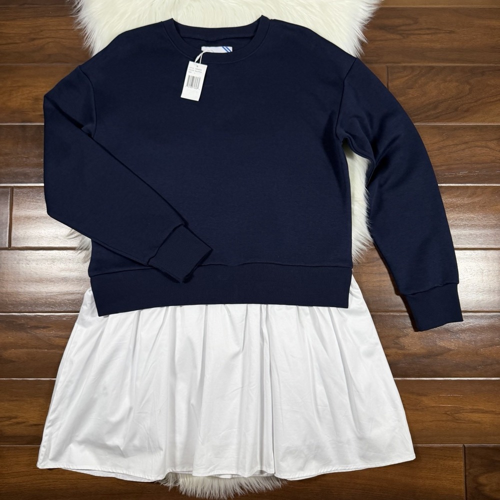 Addison Bay Size Large Navy Blue White Mixed Soft Luxe Harper Sweatshirt Dress